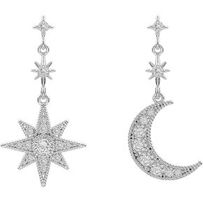 CZ Moon Star Earrings Gold Silver Plated Asymmetric Dainty Layered Sun Crescent Planet Celestial Tassel Sparkly Rhinestone Cubic Zirconia Dangle Drop Earrings for Women Teen Girls Birthday Fashion Jewelry Gifts