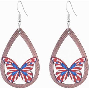 4th of July USA Earrings Teardrop Wooden Natural Handmade Lightweight Statement Stars and Stripes Dangle Earrings Independence Day Jewelry Gifts for Women Teen Girls