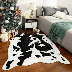 Cow Print Rug, Cute Area Rug for Living Room Bedroom Nursery Room, Super Soft Non-Slip Faux Animal Print Carpet for Kids, Suitable for Western Room Decor, Black and White, 4.6x5.2 Feet