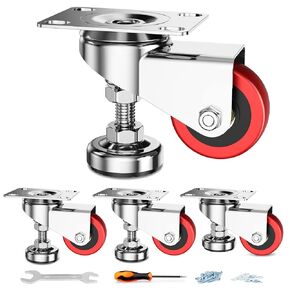 3" Leveling Plate Caster Wheels with Adjustable Anti-Vibration Leveling Foot Pad Heavy Duty Swivel casters for Workbench, Machine Equipment, Furniture Red Set of 4 Total Capacity 1800 Lbs