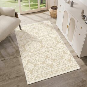 5x7 Area Rugs for Bedroom Living Room, Vintage Machine Washable Throw Rug with Rubber Backing, Large Boho Neutral Non-Slip Carpet for Dining Room, Kitchen, 5x7ft, Black/Champagne
