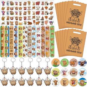 Highland Cow Party Favors Highland Cow Theme Slap Bracelets Key Chains Badges Temporary Tattoo Stickers Gift Bags for Kids Highland Cattle Farm Animal Birthday Party Supplies Baby Shower