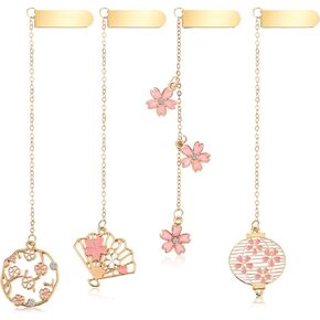 4Pcs Romantic Pendant Bookmarks Metal Flower Bookmark Set with Chain Cute Cherry Blossom Vintage Metal Bookmarks Gift for Women Writers Friends Book Lovers Readers Children Teens Adults
