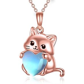 Cat Necklace for Women 925 Sterling Silver Rose Quartz/Moonstone Jewelry for Girls Cat Lover Gift Mothers Day Gifts