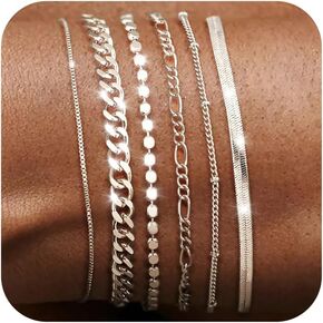 DEARMAY Silver Bracelets Set for Women Trendy, Dainty 925 Sterling Silver Plated Jewelry Fashion Stackable Tennis Beaded Figaro Herringbone Paperclip Link Bracelet Pack Stack Gifts for Women