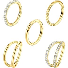 CASSIECA 5Pcs 18G 16G Surgical Steel Nose Rings Hoop for Women CZ Clicker Hinged Septum Ring Lip Helix Cartilage Double Hoop Earring Daith Rook Conch Body Piercing Jewelry for Women 8mm 10mm