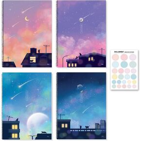 Aesthetic Scenery Korean Notebooks with a Label Sticker, Pack of 4, Cute Spiral Notebook set, Kawaii Designs for Journal, Composition, Ideal Gift for College students, Girls, Women (Lined Notebook)