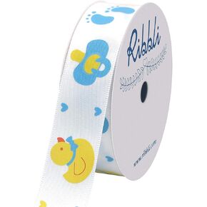 Ribbli Satin Blue Rubber Ducky Craft Ribbon,7/8-Inch x 10-Yard,Blue/White/Yellow,Use for Hair Bows,Wreath,Birthday,Baby Shower,Diaper Cake,Gift Wrapping,Party Decoration,All Crafting and Sewing