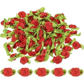PATIKIL Mini Ribbon Roses, 100 Pcs Tiny Satin Fabric Flowers with Green Leaves Embellishments Rosettes Applique for DIY Crafts Sewing Wedding,Blue
