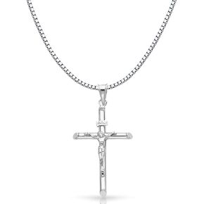 14K White Gold Crucifix Cross Religious Charm Pendant with 1mm Box Chain Necklace