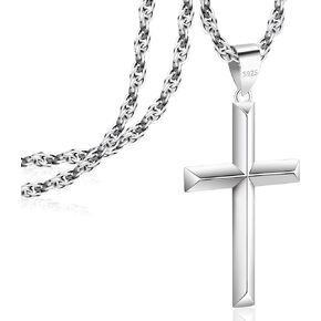 925 Sterling Silver Cross Necklace Beveled Edge for Men Women 3mm Stainless Steel Diamond Cut Durable Wheat Chain Crucifix Pendant Necklace Jewelry 16-28 Inches