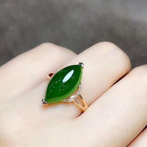 LZJ 24K Yellow Gold Plated Antiqued Olive Shape Genuine Green Jade Open Ring Women