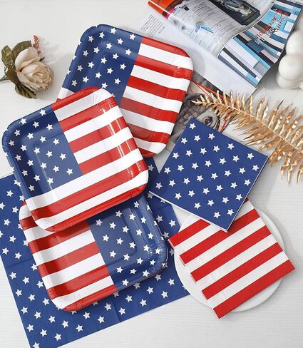 50 عبوة - مجموعات مناديل وأطباق الرابع من يوليو للاستعمال مرة واحدة، لوازم حفلات الرابع من يوليو، ديكورات الرابع من يوليو، أطباق ورقية وطنية، العلم الأمريكي، هدايا عيد الميلاد، عيد الاستقلال in Kuwait