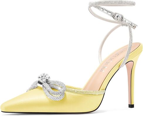 HDEUOLM Womens Stiletto High Heel Pointed Toe Sandals Pumps Ankle Strap Rhinestone Crystal Bow-knot Wedding Cute Satin Summer 3.9 Inches Heels in Saudi Arabia