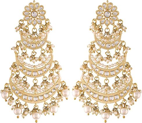 Aheli Gold Plated Long Chandbali Copper Green Dangle Earrings Glided with Kundan & Pearls in Saudi Arabia