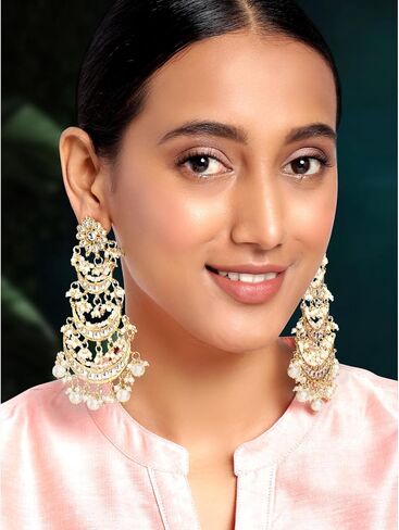 Aheli Gold Plated Long Chandbali Copper Green Dangle Earrings Glided with Kundan & Pearls in Saudi Arabia