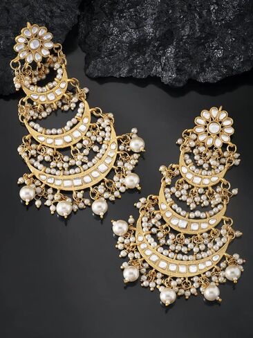 Aheli Gold Plated Long Chandbali Copper Green Dangle Earrings Glided with Kundan & Pearls in Saudi Arabia