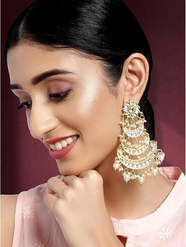Aheli Gold Plated Long Chandbali Copper Green Dangle Earrings Glided with Kundan & Pearls in Saudi Arabia