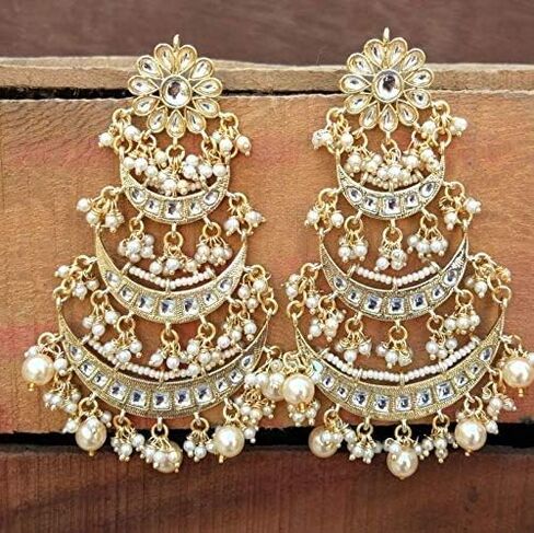 Aheli Gold Plated Long Chandbali Copper Green Dangle Earrings Glided with Kundan & Pearls in Saudi Arabia