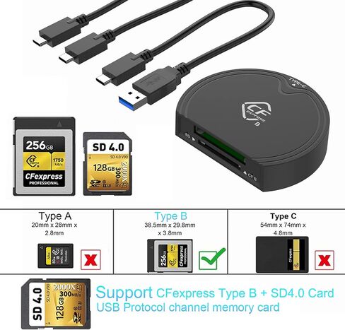 CFexpress Type B and SD UHS-II Dual-Slot Memory Card Reader,USB 3.2 Gen 2 Type B CFexpress SD4.0 Adapter Memory Card Reader with USB C to USB C/USB A Cable,Compatible with Windows/Mac/Linux/Android in Saudi Arabia