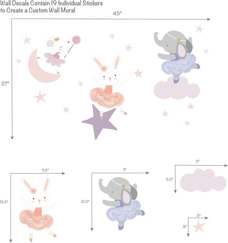 ملصقات جدارية لراقصة الباليه الصغيرة من Bedtime Originals على شكل حيوانات ونجوم - الفيل/الأرنب in Kuwait