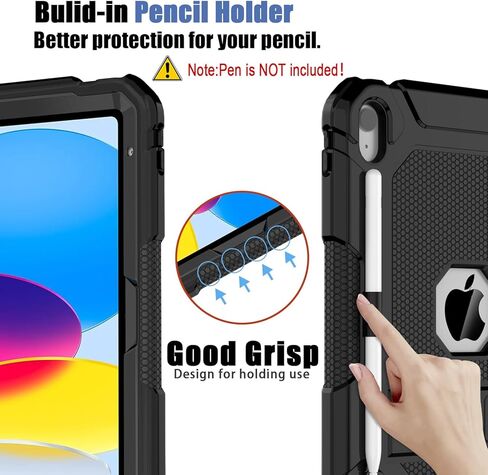 Case for iPad 10th Generation 2022 Model, iPad 10.9 Inch Case for Kids, Heavy Duty Shockproof Rugged Protective Cover with Built-in Kickstand & Pencil Holder for iPad 10th Gen 2022 - Black in Kuwait