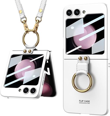 Miimall Compatible for Samsung Galaxy Z Flip 5 Case, [Metal Ring Holder + Adjustable Lanyard Shoulder Strap + Small Screen Protector] Full Coverage Ultra-Thin Cover Case for Z Flip 5 2023(Black) in Saudi Arabia