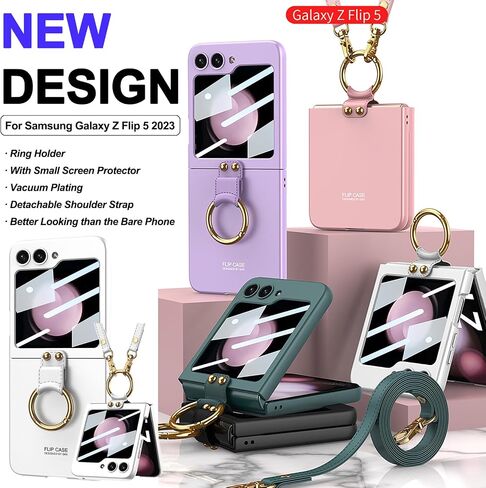 Miimall Compatible for Samsung Galaxy Z Flip 5 Case, [Metal Ring Holder + Adjustable Lanyard Shoulder Strap + Small Screen Protector] Full Coverage Ultra-Thin Cover Case for Z Flip 5 2023(Black) in Saudi Arabia