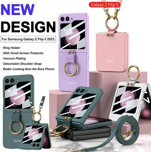 حافظة Miimall متوافقة مع هاتف Samsung Galaxy Z Flip 5 مع حزام للنساء والفتيات، [فيلم شاشة صغير مدمج] [مسند حامل حلقة معدنية] حافظة حماية محمولة مضادة للصدمات لهاتف Z Flip 5 2023 (وردي) in Saudi Arabia