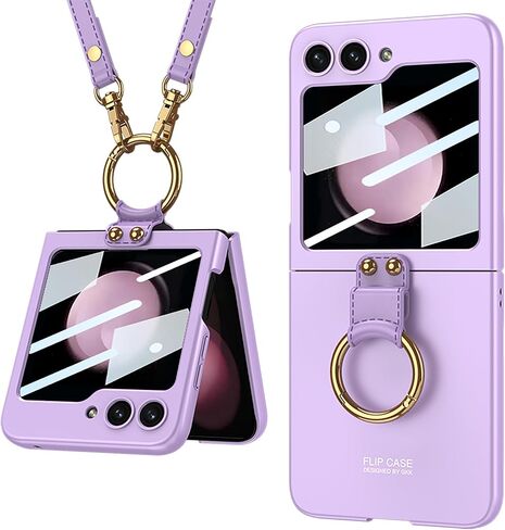 Miimall Compatible for Samsung Galaxy Z Flip 5 Case, [Metal Ring Holder + Adjustable Lanyard Shoulder Strap + Small Screen Protector] Full Coverage Ultra-Thin Cover Case for Z Flip 5 2023(Black) in Saudi Arabia