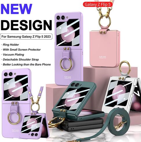 Miimall Compatible for Samsung Galaxy Z Flip 5 Case, [Metal Ring Holder + Adjustable Lanyard Shoulder Strap + Small Screen Protector] Full Coverage Ultra-Thin Cover Case for Z Flip 5 2023(Black) in Saudi Arabia