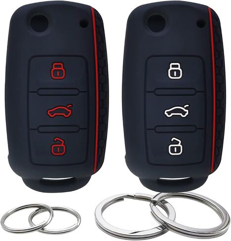 GFDesign 2Pcs Silicone Flip 3 Buttons Key Fob Cover Remote Case Keyless Protector Compatible with VW Volkswagen Passat CC Tiguan Touareg Eos Eurovan Golf GTI Jetta Beetle Rabbit - Black with Red in Saudi Arabia