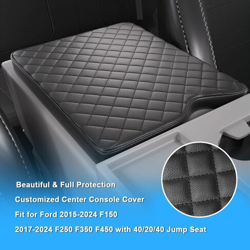 غطاء وحدة التحكم المركزية لسيارة Ford 2015-2024 F150،2017-2024 F250 F350 F450 مع مقعد قفز 40/20/40، غطاء مسند ذراع جلدي واقي وسادة وحدة التحكم المركزية (مقعد القفز فقط) in Kuwait