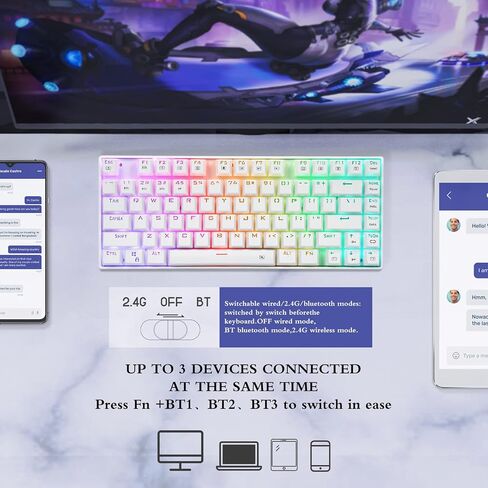 HUO JI Wireless RGB Mechanical Keyboard，Bluetooth/2.4Ghz/Wired Z-88 Gaming Keyboard with Clicky Blue Switches RGB LED Backlit 81 Keys Compact for Mac, PC, Black in Saudi Arabia