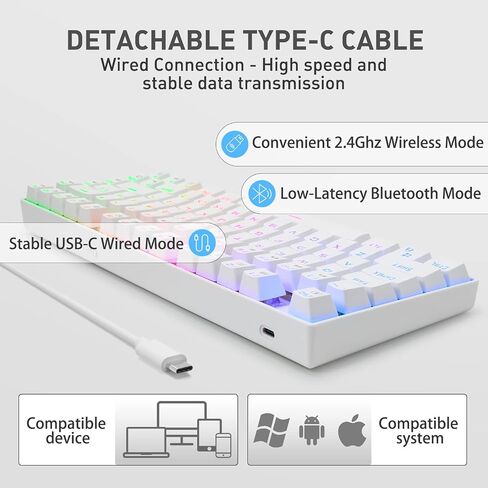 HUO JI Wireless RGB Mechanical Keyboard，Bluetooth/2.4Ghz/Wired Z-88 Gaming Keyboard with Clicky Blue Switches RGB LED Backlit 81 Keys Compact for Mac, PC, Black in Saudi Arabia