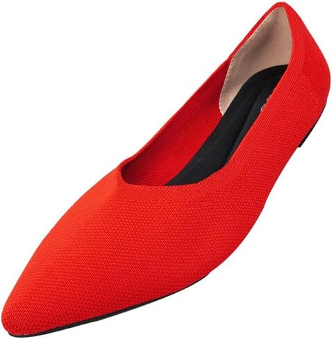 أحذية JBB النسائية المسطحة بمقدمة مدببة أحذية الباليه المحبوكة بكعب منخفض سهلة الارتداء للمشي فستان كاجوال بدون كعب أحمر 9.5 in Kuwait