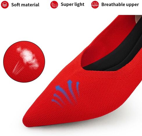 أحذية JBB النسائية المسطحة بمقدمة مدببة أحذية الباليه المحبوكة بكعب منخفض سهلة الارتداء للمشي فستان كاجوال بدون كعب أحمر 9.5 in Kuwait