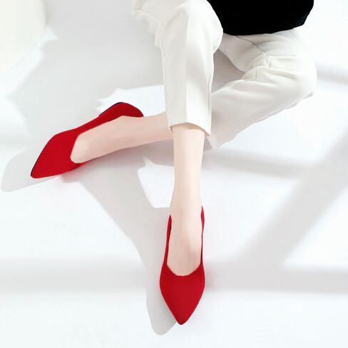 أحذية JBB النسائية المسطحة بمقدمة مدببة أحذية الباليه المحبوكة بكعب منخفض سهلة الارتداء للمشي فستان كاجوال بدون كعب أحمر 9.5 in Kuwait