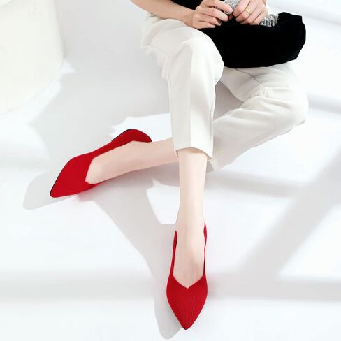 أحذية JBB النسائية المسطحة بمقدمة مدببة أحذية الباليه المحبوكة بكعب منخفض سهلة الارتداء للمشي فستان كاجوال بدون كعب أحمر 9.5 in Kuwait