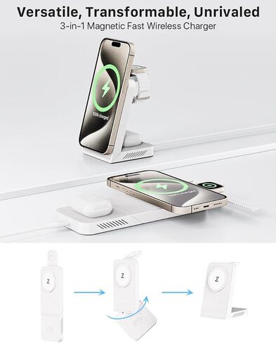 محطة شحن لاسلكية سريعة 3 في 1 من MagFree Transform لأجهزة متعددة، حامل شاحن سفر مغناطيسي 15 وات لهاتف iPhone 15/14/13/12، شاحن سريع لساعة Apple 5 وات، AirPods - شاحن USB-C 30 وات متضمن in Saudi Arabia