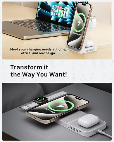 محطة شحن لاسلكية سريعة 3 في 1 من MagFree Transform لأجهزة متعددة، حامل شاحن سفر مغناطيسي 15 وات لهاتف iPhone 15/14/13/12، شاحن سريع لساعة Apple 5 وات، AirPods - شاحن USB-C 30 وات متضمن in Saudi Arabia