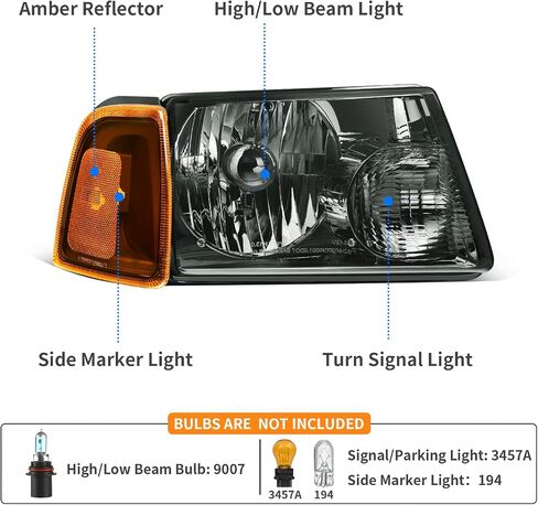 DWVO Headlight Assembly Compatible with 2001-2011 Ford Ranger Headlamp+Corner light Black Housing Clear Lens Amber Reflector in Saudi Arabia