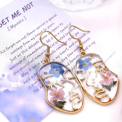Handmade Forget-Me-Not Myosotis Remember Me Dried Flower Stainless Steel Dangle Earrings Jewelry Hypoallergenic in Saudi Arabia