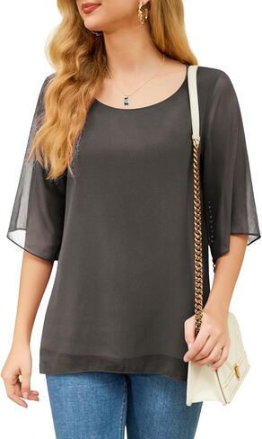 Feiersi Womens Casual Scoop Neck Blouses 3/4 Sleeve Chiffon Dressy Blouse Tops Shirts in Kuwait