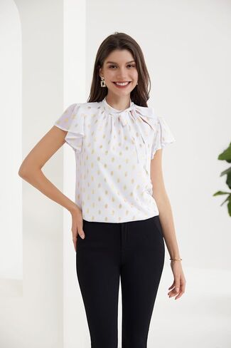 GRACE KARIN Summer Tops for Women 2024 Ruffle Sleeve Tie Neck Blouse Pleated Mock Neck Chiffon Business Casual Shirt in Saudi Arabia