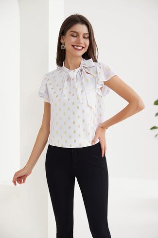 GRACE KARIN Summer Tops for Women 2024 Ruffle Sleeve Tie Neck Blouse Pleated Mock Neck Chiffon Business Casual Shirt in Saudi Arabia