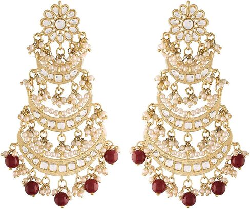 Aheli Gold Plated Long Chandbali Copper Green Dangle Earrings Glided with Kundan & Pearls in Saudi Arabia
