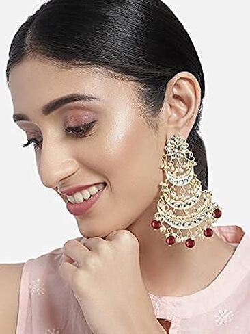 Aheli Gold Plated Long Chandbali Copper Green Dangle Earrings Glided with Kundan & Pearls in Saudi Arabia