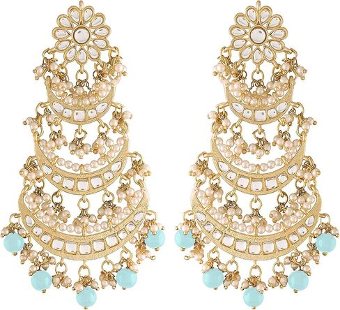 Aheli Gold Plated Long Chandbali Copper Green Dangle Earrings Glided with Kundan & Pearls in Saudi Arabia