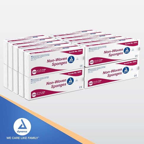 Dynarex Non-Woven Sponges, Non-Sterile Gauze, 2x2 and 4 Ply, Perfect for Facial Needs, Skin Treatment, & Wound Care, Made from Highly Absorbent Materials, 1 Case of 4000 Dynarex Non-Woven Sponges in Saudi Arabia